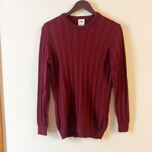 Zara Crewneck Maroon Cable Knit Sweater Size Medium Long Sleeves